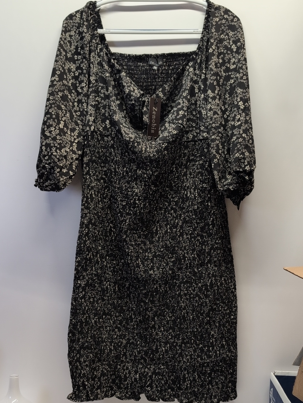 Zenobia Black and Cream Floral Teen Plus/Adult Smocked Midi Dress